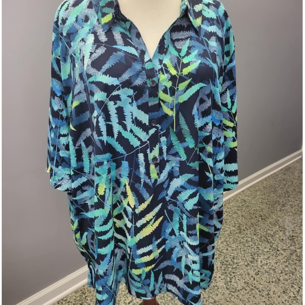 Catherines 5X Blue Green Fern Leaf Print 3/4‎ Sleeve Button Up Shirt Top